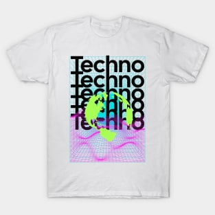 TECHNO  - Grid Globe (Black/lime/pink/blue) T-Shirt